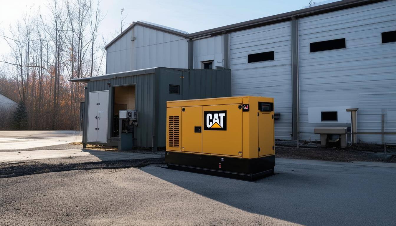 A small manufacturing facility with a Cat generator outside, showing a steady power supply during an outage