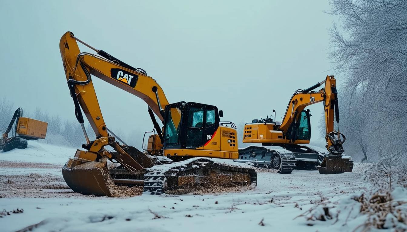 Cat Machines Excavators, Backhoe, SkidSteer on a wintery jobsite for the holidays